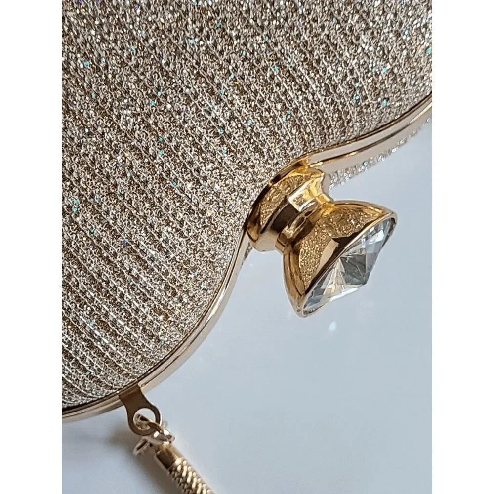 ❤️✨ Gold Sparkling Glitter Heart Shaped Top Handle Chain Clutch Purse Bag NEW